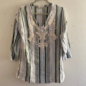 Soft Surroundings Manhattan Beach Blouse Tunic Stripe Size XS Rope Embroidered